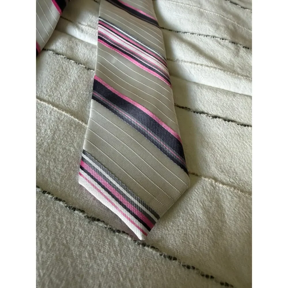 Striped Silk Tie With Gray Base and Vibrant Pink Magenta And Dark Stripes